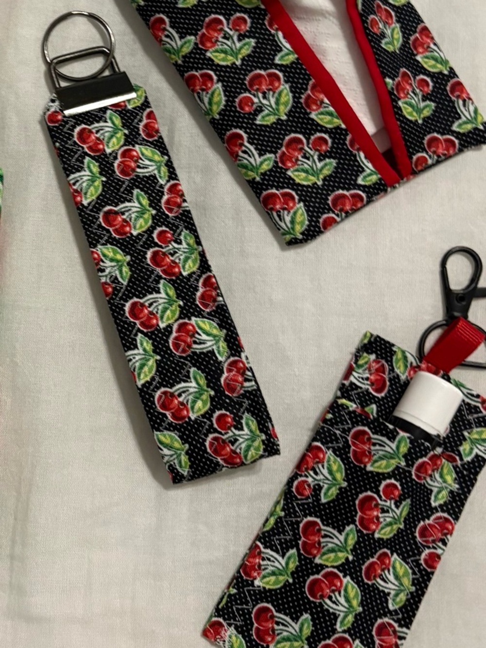 3 Piece Set-Cherry Print Key Chain, Tissue Holder, Lip Balm holder- Black/Red